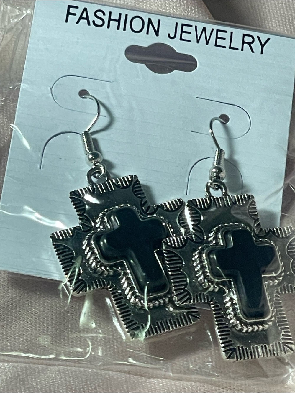 Fashion Jewelry Silver Cross Drop Earrings with Black Inset